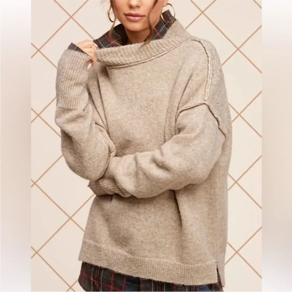 La Miel Ella Cozy Tan High Neck Sweater